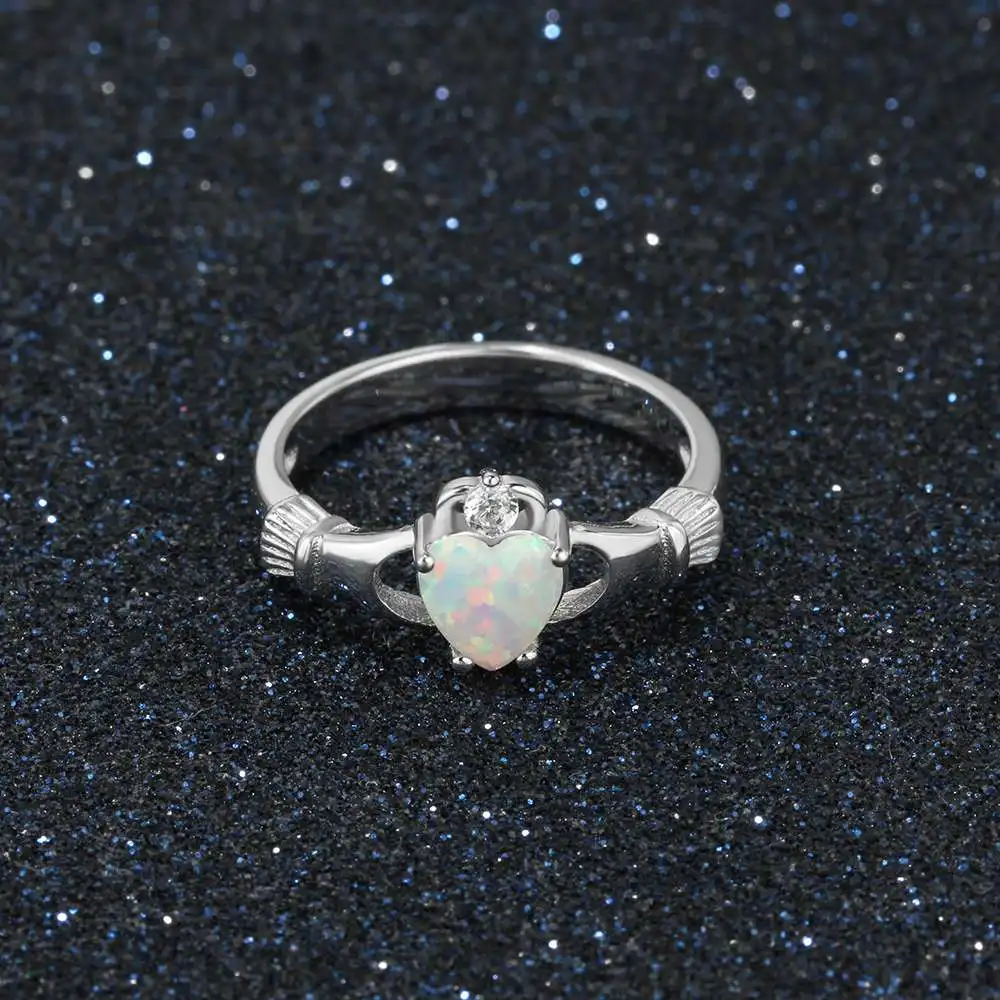 Claddagh Ring Soild 925 Sterling Silver Women's Rings Classic Heart Opal Stone Loyalty Jewelry For Women (JewelOra RI103629)