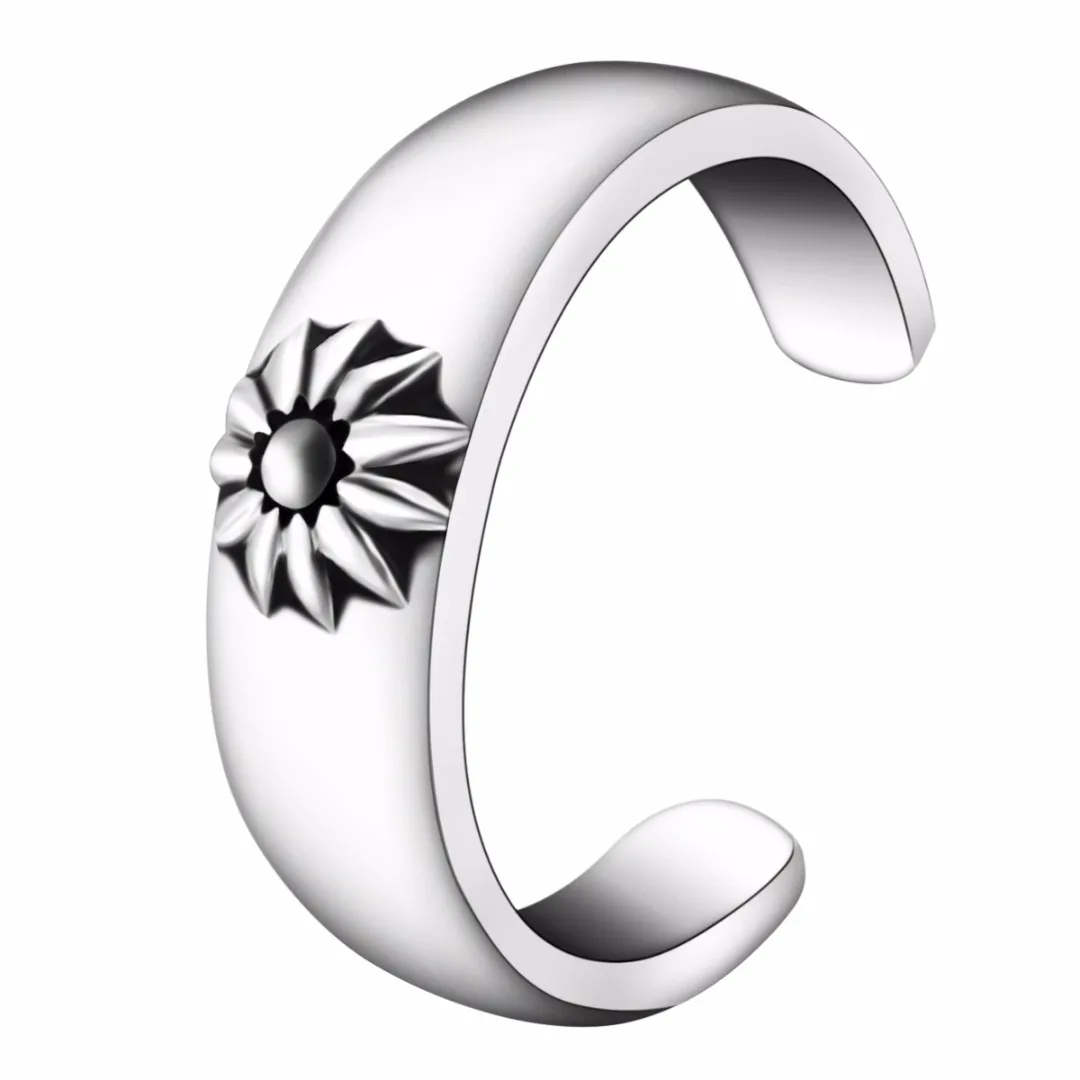 Vintage Antique Silver Carved Flower Toe Ring Foot Jewelry Geometric Metal Wave Flower Toe Ring Adjustable Jewelry For Women