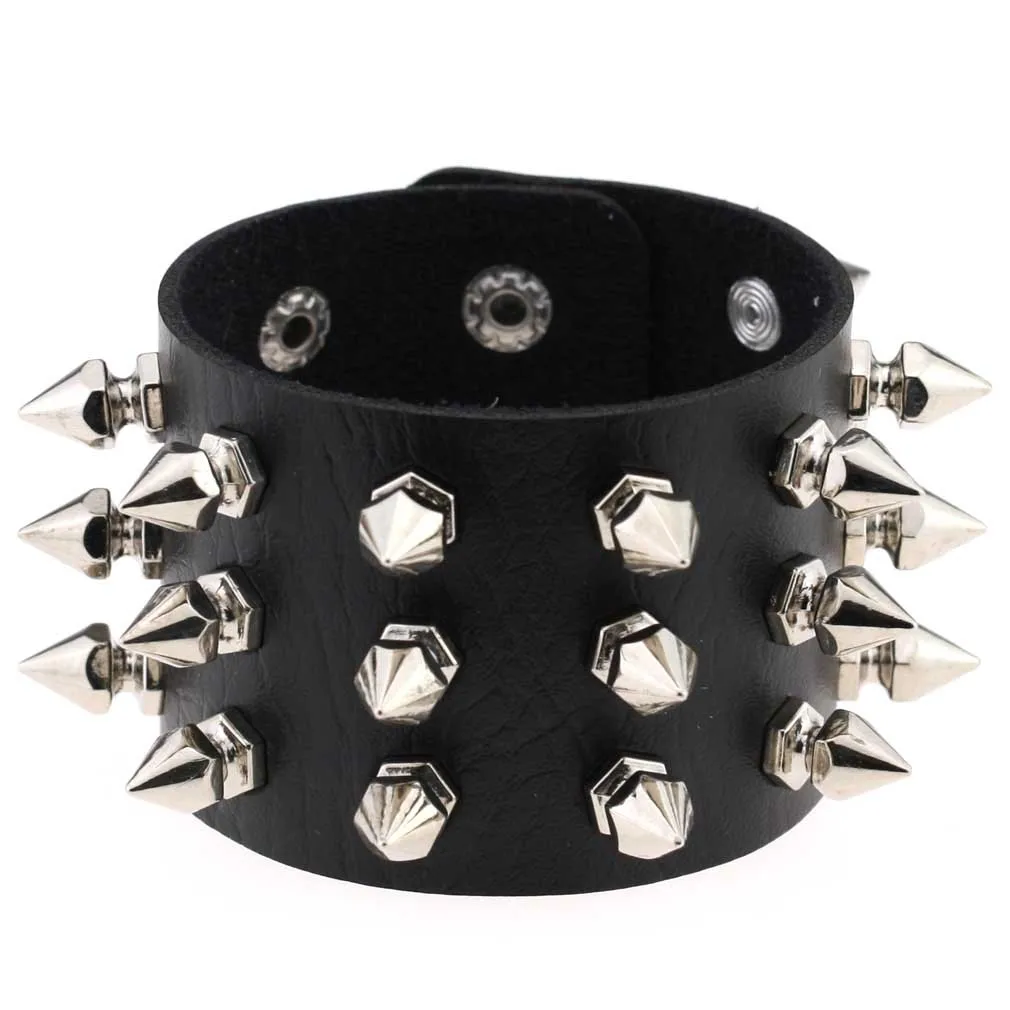 

Sangsy Unique Three Row Cuspidal Spikes Rivet Stud Wide Cuff Leather Punk Gothic Rock Unisex Bangle Bracelet Men Jewelry