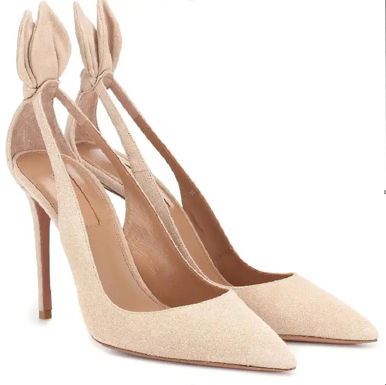 

Hot Fashion Sexy Black/Nude Flock Slip-On Shoes Pointed Toe Thin Heels Women's Shoes ButterFly-Knot Shallow Ladies Pumps