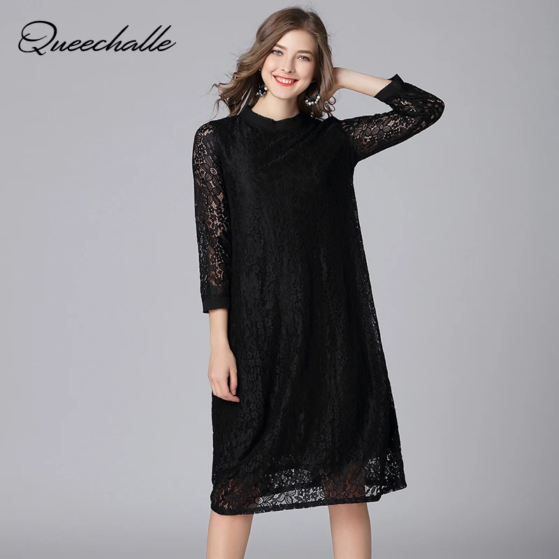 

Queechalle European style loose casual dress floral hollow out lace dresses for Women L XL XXL 3XL 4XL 5XL Plus Size Women Dress
