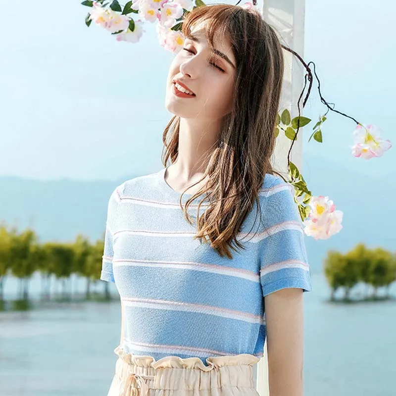 

AcFirst Summer Women Tops Casual Blue T-shirts Knitting Shirt O-Neck Short Plus Size T Shirt Women Cotton Sexy Tees Striped