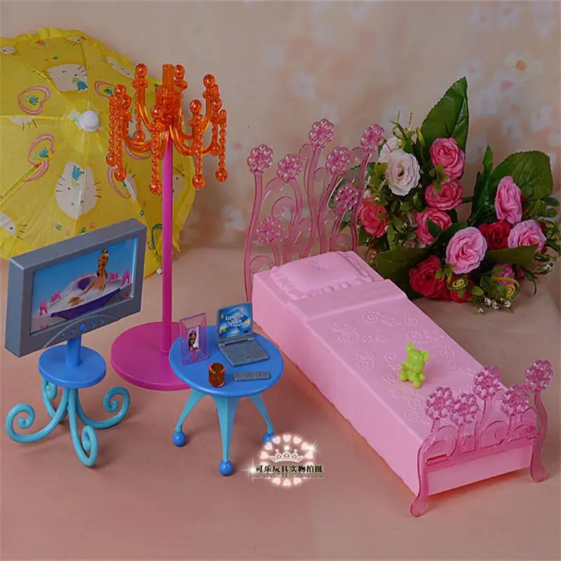  For Barbie Doll Furniture Accessories Toy Bedroom Bed TV Table Lamp Set Play Afternoon Bedroom Ward