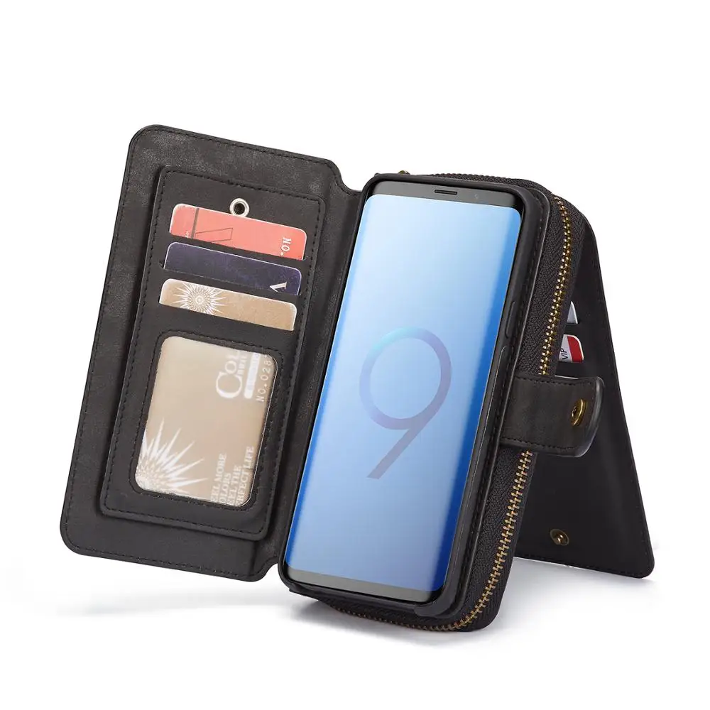 

Portable zipper wallet with mirror and photo frame free combination mobile phone multi-function leather case For sam