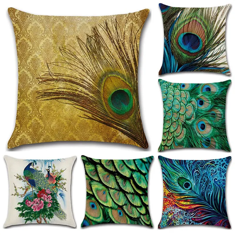 

Colorful Peacock Feather Cushion Case Cover Square Hidden Zipper Pillow Cover Home Ornament Textile Pillowslip Sale 6C1281