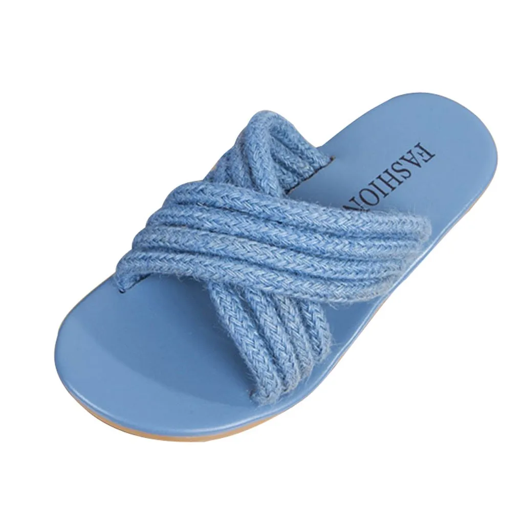 

SAGACE Summer Ladies Shallow Comfort Casual Slippers Beach Shoes Sequined Straw Hemp Cross Flip Word Shoes Non-Slip Slippers