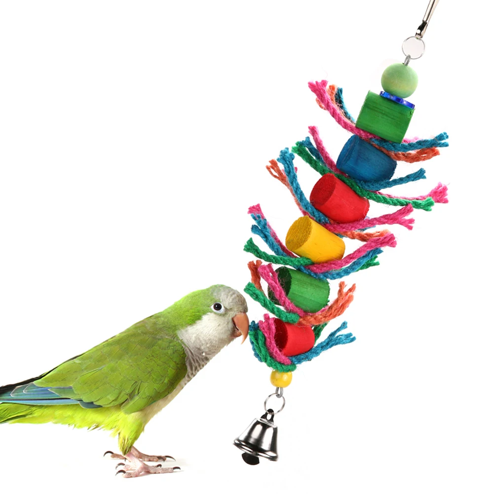 Bird Toys Colorful Swing Hanging Bird Cage Parrot Toys Wood Chew Cylinder Rope Toys for Parrot