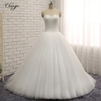 

New Amazing Long Wedding Dress 2018 Sweetheart Off the Shoulder Ball Gown Chapel Train Beading Tulle Bride Dresses Vestido longo