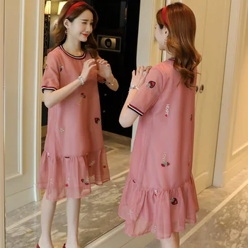 

Spot pregnant women dress summer pleated skirt pen letter embroidery mesh pregnant women dress slim pregnancy skirt