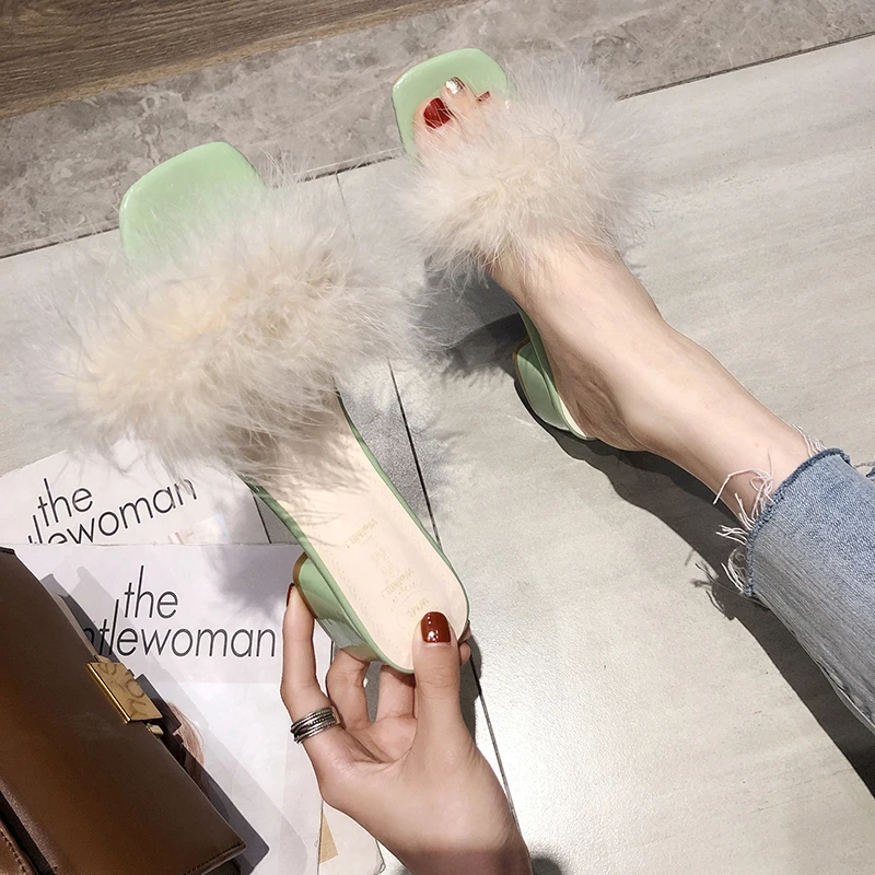 

Med Woman Shoes Luxury Socofy Square heel Women's Slippers 2019 Slides Pokemon Plush Loafers Designer Soft New Sliders Fur Hoof