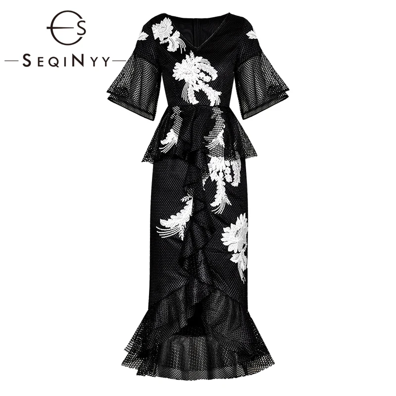 

SEQINYY Trumpet Dress 2019 Summer New Fashion Design Short Flare Sleeve V-neck Mesh White Flowers Embroidery Black Midi Dress