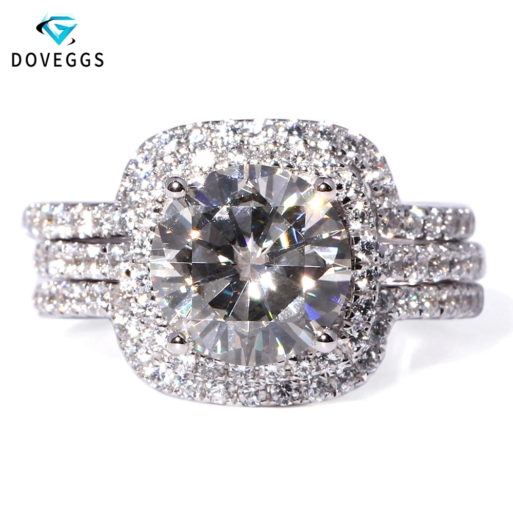 DovEggs 14K 585 Белое золото центр 3ct центр 9 мм F цвет Moissanite алмаз обручальное кольцо со светлым окаймлением обручальное кольцо Набор для женщин 3 шт