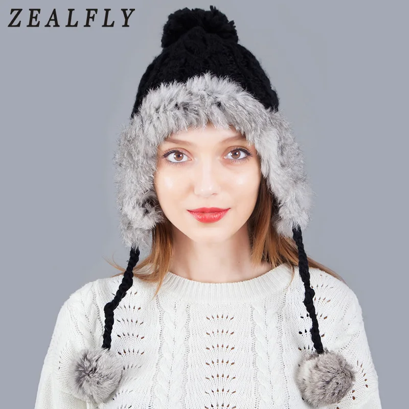 Real Rabbit Fur Knitted Hat Pom Poms Winter Hat For Women To Protect