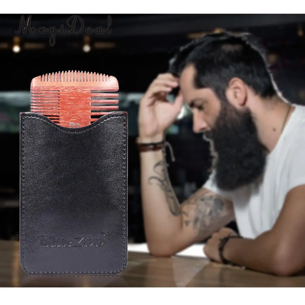 Anti Static Natural Sandalwood 4 Sided Fine Coarse Teeth Men Beard Mustaches Grooming Shaving Comb with PU Leather Bag Case