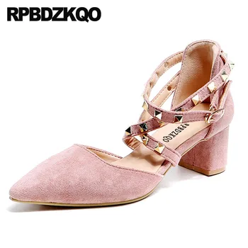 

ankle strap suede designer chic pointed toe ladies mid heels shoes gray strappy thick cross stud rivet summer female chunky pink