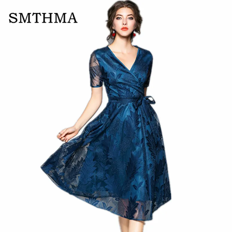

SMTHMA HIGH QUALITY New arrival 2019 Spring Summer Runway Women short sleeves Lace vintage Dress Sexy v-neck Dress vestidos