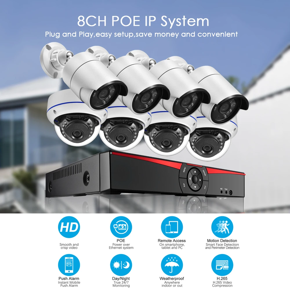 Gadinan 8CH 5MP Security NVR Sets 5MP POE Camera Face Detection Audio Sound CCTV System Dome Bullet Outdoor Surveillance Kits