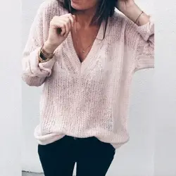 Новое поступление осень негабаритных тонкий для женщин свитеры для Sexy V образным вырезом топы с длинными рукавами офисные женские