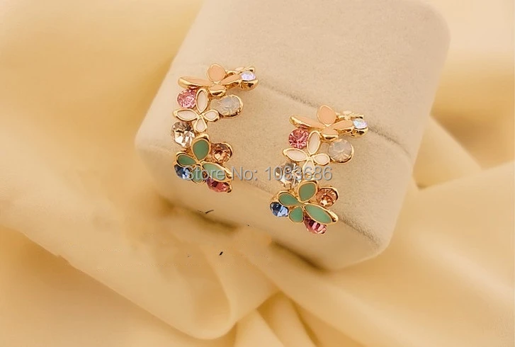 New Korean Style Gold Plated Alloy Enamel Colorful Rhinestone Flower Hoop Butterfly Ear Stud Earrings | Украшения и аксессуары
