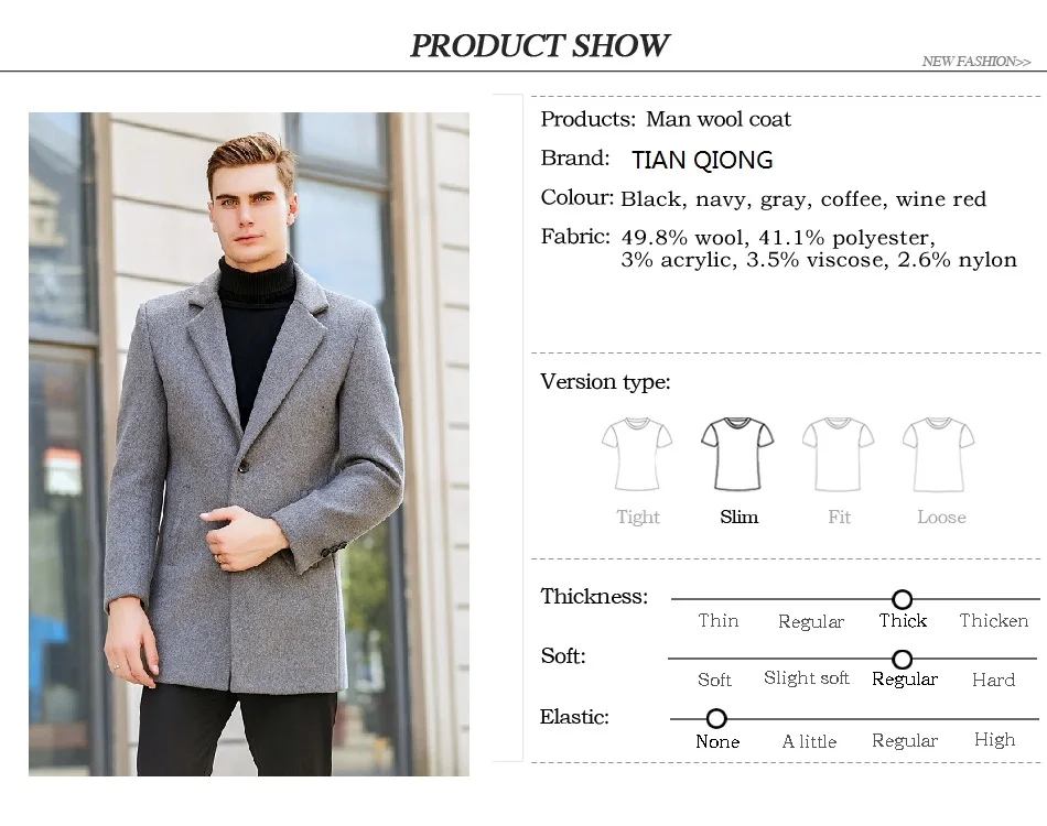 TIAN QIONG Men Clothes Autumn Winter New Long Wool Jacket Male Fashion Casual Thicken Slim Fit Mens Coat Brand Clothing