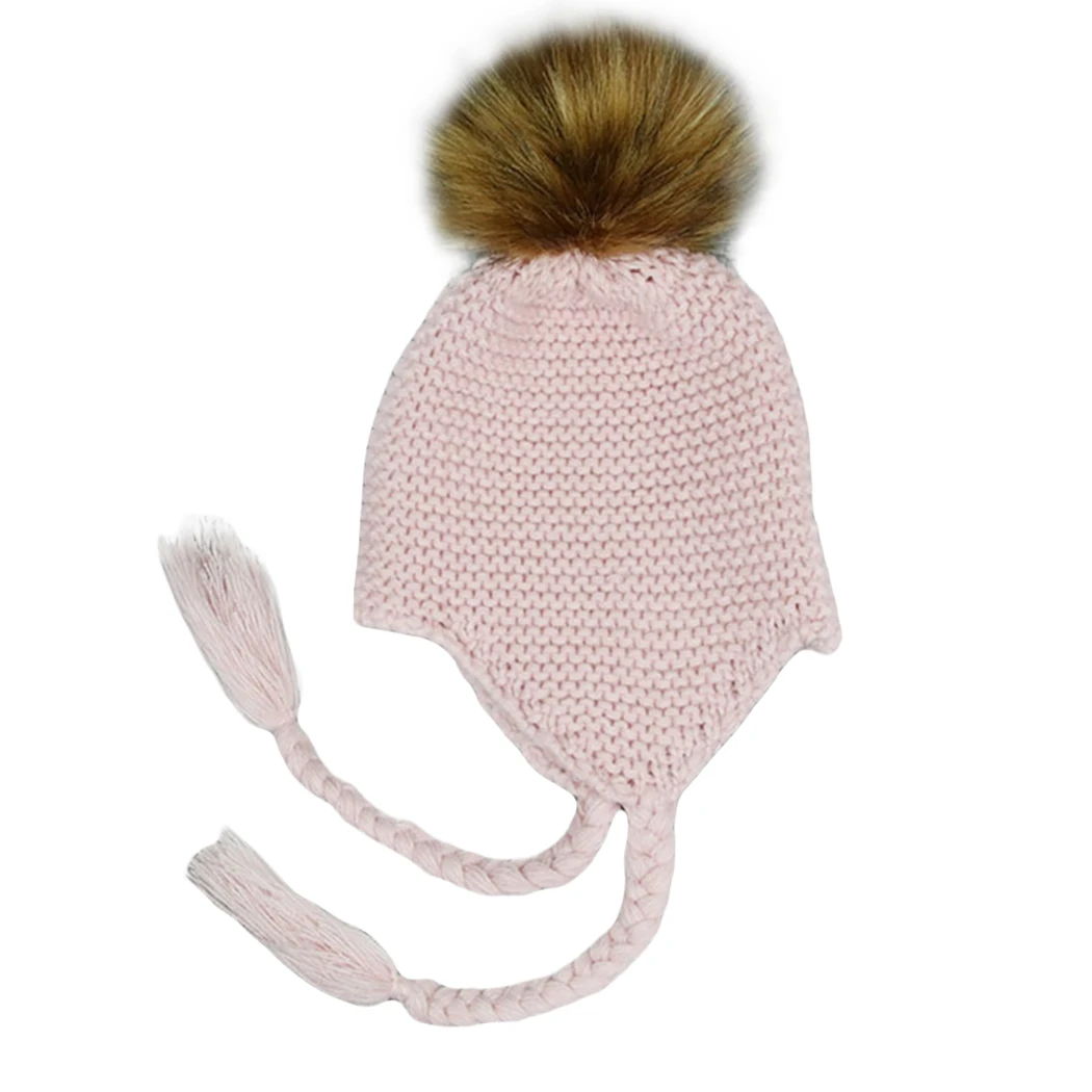 Kids Fur Pompom Beanie Hat Baby Woolen Crochet Knitted Cap Boys Girls