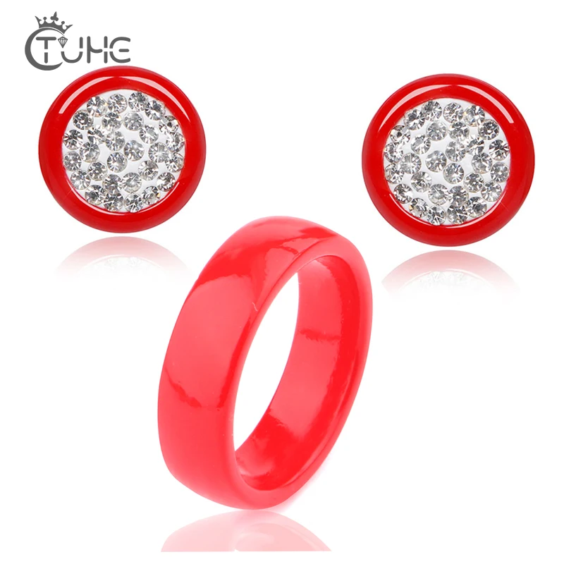 

Red Ceramic Color Jewelry Sets Lady Jewelry 6mm Simple Style CZ Rhinestone Stud Earrings Rings for Women Engagement Gift Fashion