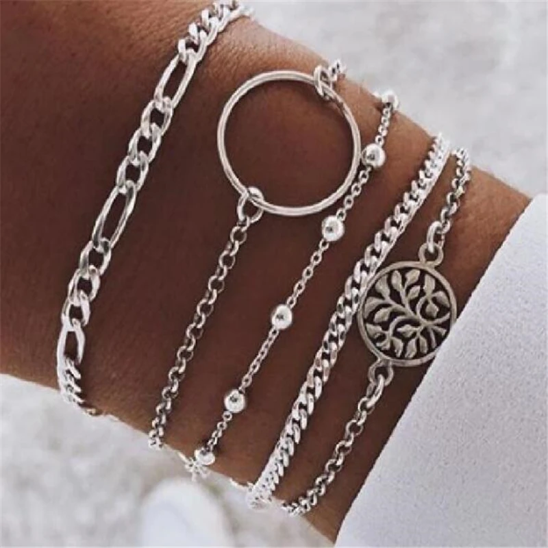 

Bohemia Vintage Silver Chain Bracelets For Women Men Tree multi-layers Charm Bracelets Sets 2019 New Boho Femme Jewelry Gifts