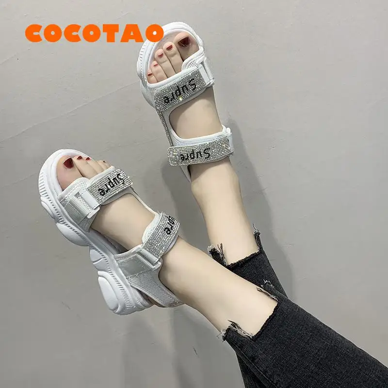 

2019 Rhinestonew Muffin Thick-soled Sandals Female Summer Korean Students Fashion Beach Roman Soles Women Shoes Flat