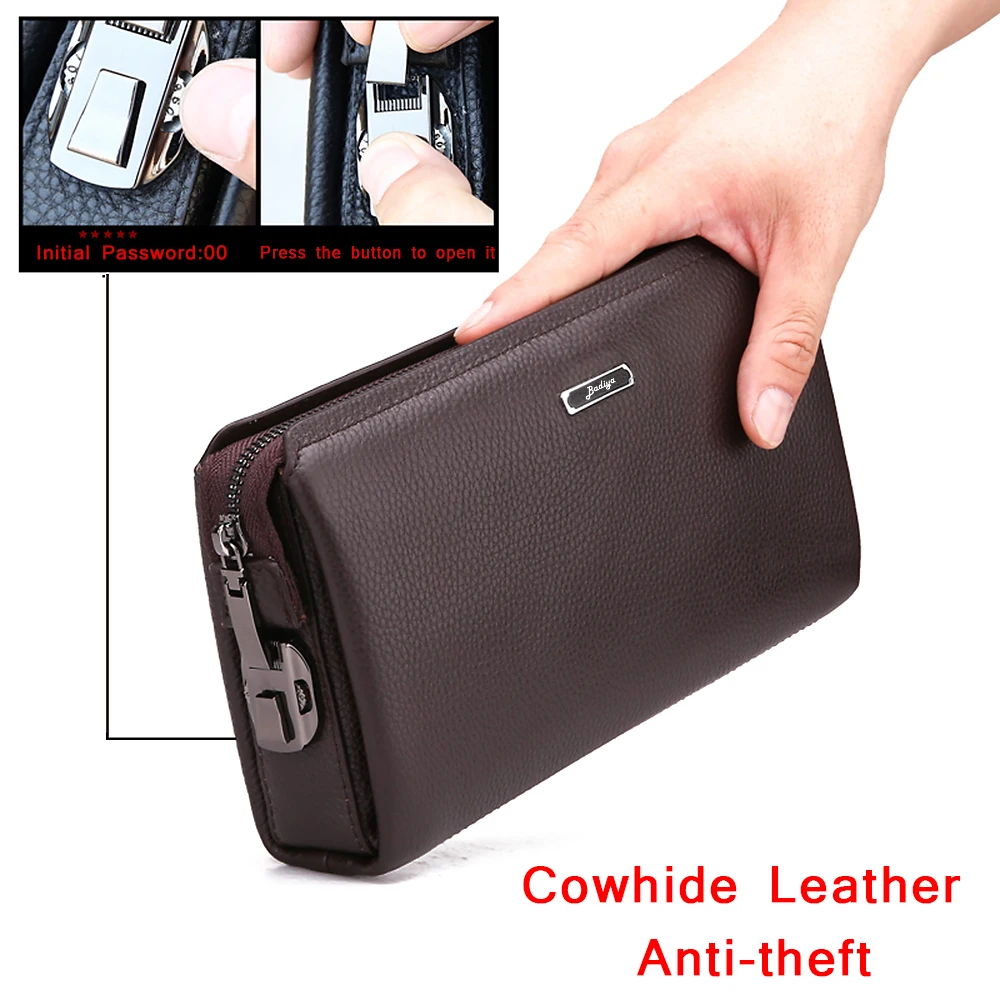 

Genuine Leather Men's Clutch Bags Anti-theft Code Lock Black Bags for Men Zipper Cow Leather Male Money Phone Wallet Clutches