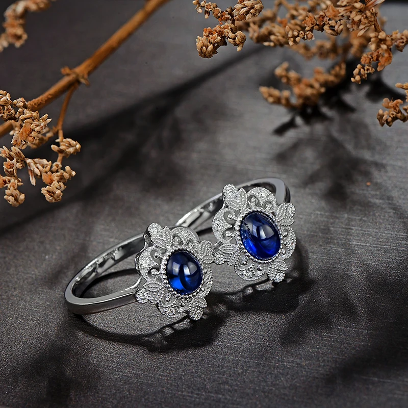 CaiMao Cabochon Cut Natural Sapphire Ring Vintage Design White Diamonds 14kt White Gold Engagement Jewelry