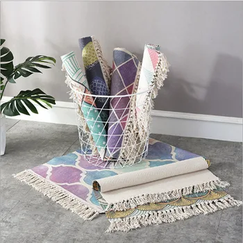 

Geometry Plaid Hand Woven with Tassels Non-slip Pad Braided Cotton Area Rug Mats for Bedroom/Living Room Washable Durable Carpet