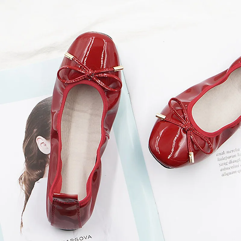 Swwet Bow Designer Flats Shoes Women Luxury 2018 Genuine Patent Leather Ladies Ballerina Shoes Silp On Moccasins Women Shoes Red (12)
