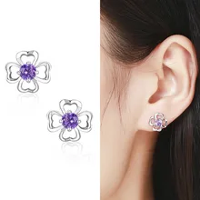 Милые серьги-гвоздики из стерлингового серебра 925 пробы с сердечками, цветок клевера, фиолетовый CZ для женщин, девочек, детей, девочек, детские ювелирные изделия Aros Aretes