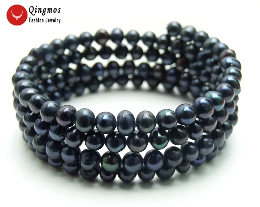 

Qingmos Trendy Natural Pearl Bracelets for Women with 4-5mm Round Black Pearl Steel Wire Wrap Bracelet Fine Jewelry 28'' bra446