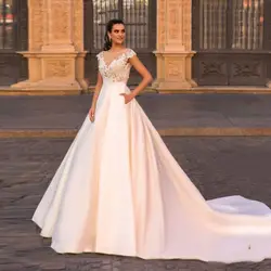 ТРАПЕЦИЕВИДНОЕ кружевное свадебное платье с глубоким вырезом 2019 прозрачная ткань на шее, открытая спина свадебное платье без рукавов