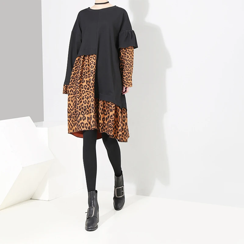 Hongsonghan 2018 new large-size leopard-print long-sleeved round-neck dress with irregular stitched in autumn winter tops tide Hongsonghan 2018 new large-size leopard-print long-sleeved round-neck dress with irregular stitched in autumn winter tops tide