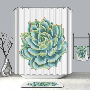 

Nordic Simple Polyester Bathroom Curtain Blue Stone Lotus Succulent Plants Pattern Thicken Waterproof Shower Curtain With hooks