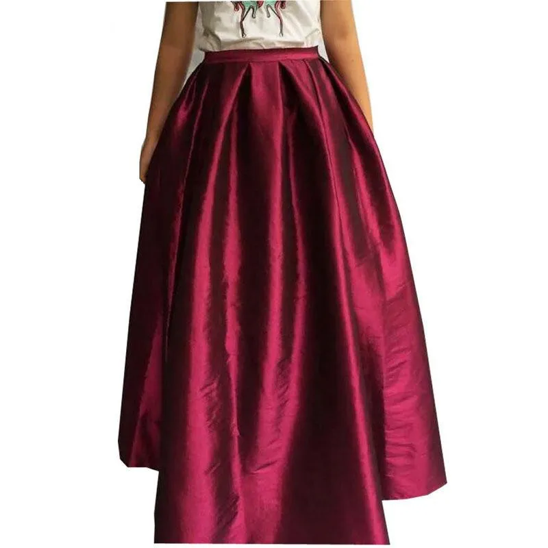 2017 High Waist Pleat Elegant Skirt Wine Red Black Solid Color Long ...