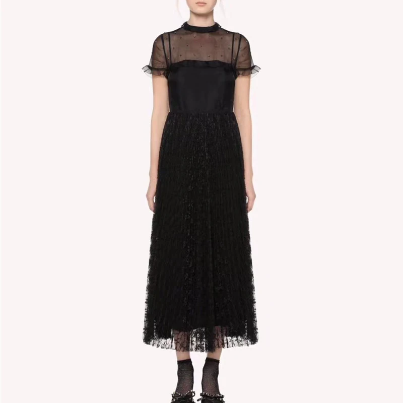 

2019 Summer Black Beaded Pleated Long Dress Party Dress 190412XM05