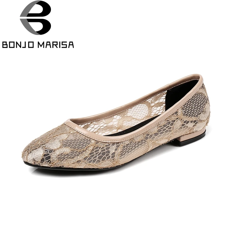 

BONJOMARISA 2018 Summer Large Size 33-43 Round Toe Slip On Solid Patchwork Woman Shoes Sweet Black Flats Women Shoes