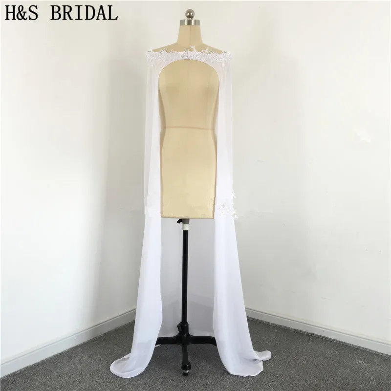 

2018 New Arrival Long Wedding Jacket Chiffon White Lace Appliques Bridal Wraps Vestidos Bridal Capes Real Photos