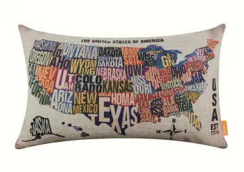 

LINKWELL Vintage Bed Pillowcase Burlap Lumbar Waist Cushion Cover 50x30cm The United States of America USA Map in State Words