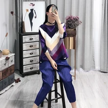 Miyake Половина рукава складки свободная полосатая расшитая блестками футболка горячая Распродажа