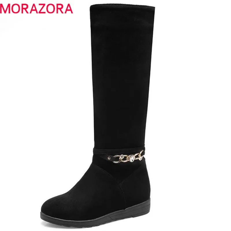 

MORAZORA 2020 black new women boots round toe knee high boots slip on autumn winter boots comfortable casual shoes woman