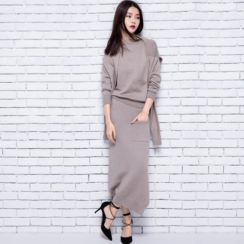 

Set women's wool shawl and bottoming shirt skirt three-piece fashion thick knit skirt casual elegant new solid color sweater set