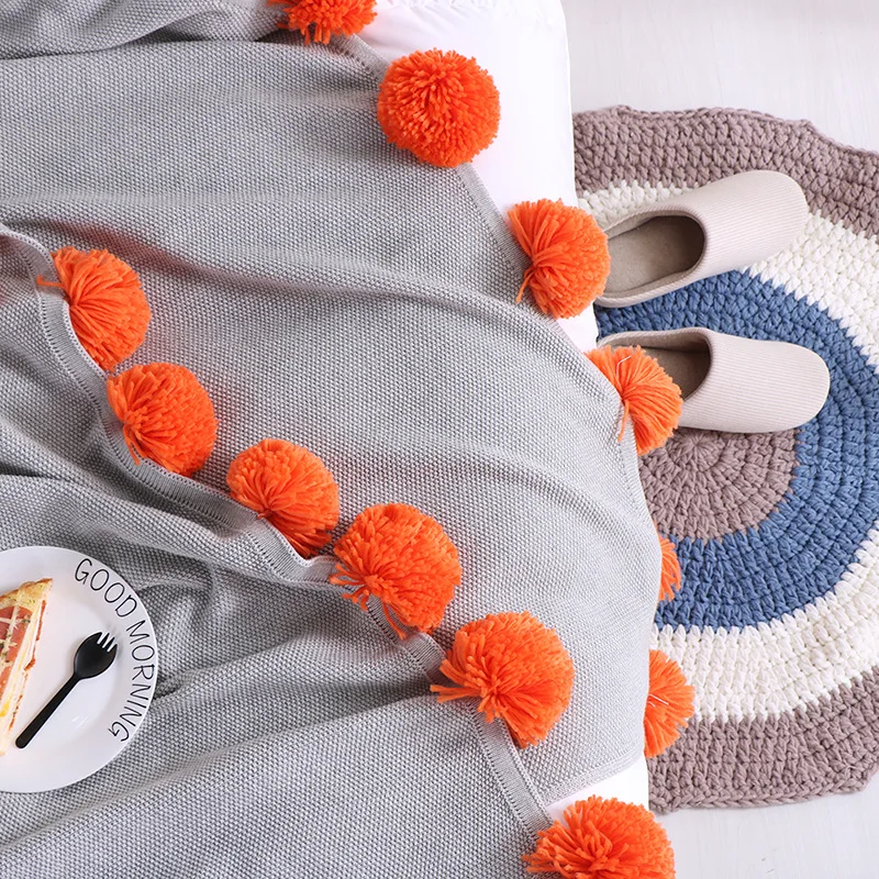 Хлопковый чехол для дивана, уютное вязаное одеяло для дивана, очень мягкое теплое одеяло с разноцветными помпонами