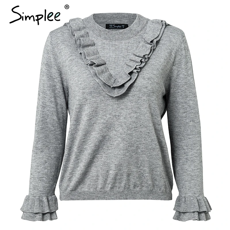 Simplee Elegant o neck ruffle knitted sweater women long sleeve jumpers Autumn winter casual pullovers and sweater