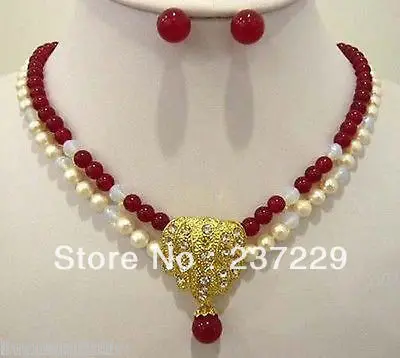 

Wholesale price FREE SHIPPING ^^^^2 row red jade white pearl wedding necklace pendant earring set