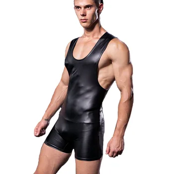 

Faux Leather Slim Fitness Mens Bodysuit Body Shaper Romper for Man Singlet Boxer Slimming Underwear Sleeveless Jumpsuit