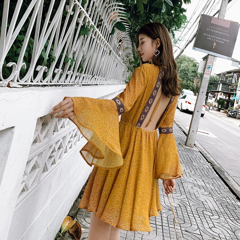 

Fashion Summer Beach Dresses Women Sexy Backless Dress Print Slim Mini Dress Casual Women Chiffon Dress Holiday Beach Vestidos